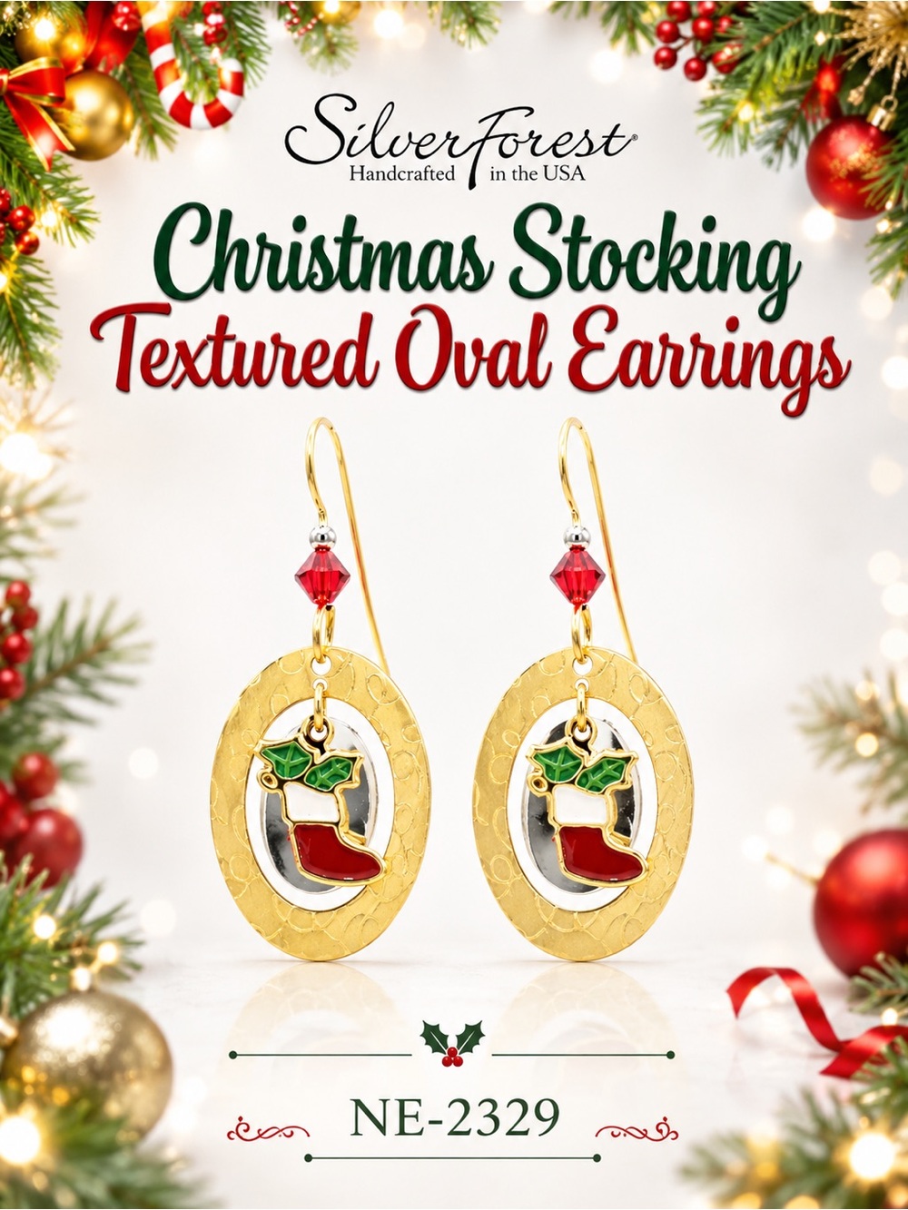 Silver Forest Christmas Stocking in Textured Oval Earrings Style Number NE-2329